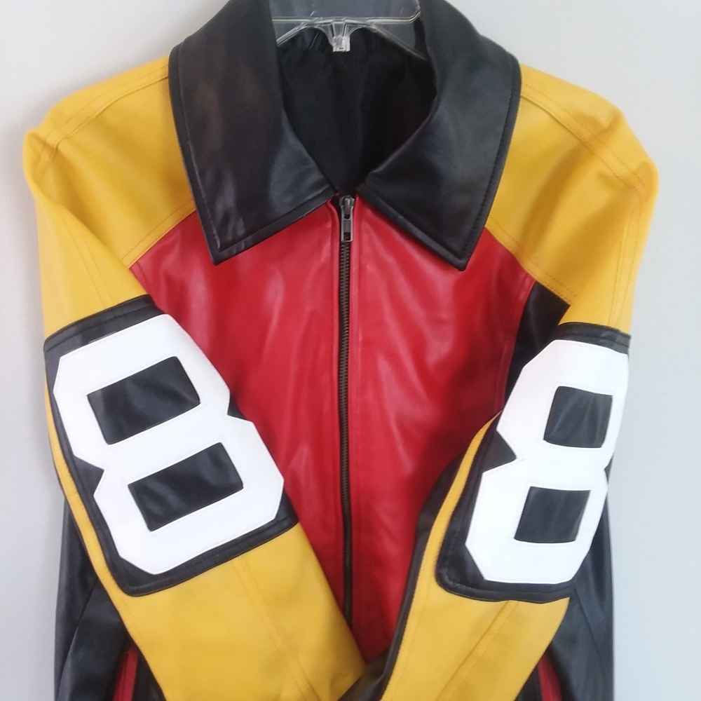8 Ball Jacket Mens Retro Style Bomber Full Zip Red Yellow Black Faux Leather Lg - Picture 3 of 16